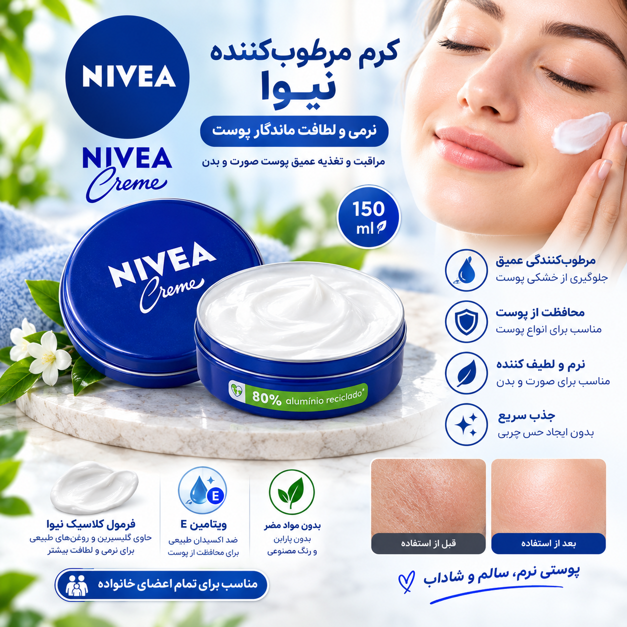 کرم مرطوب کننده دست و صورت نیوا حجم 150 میل